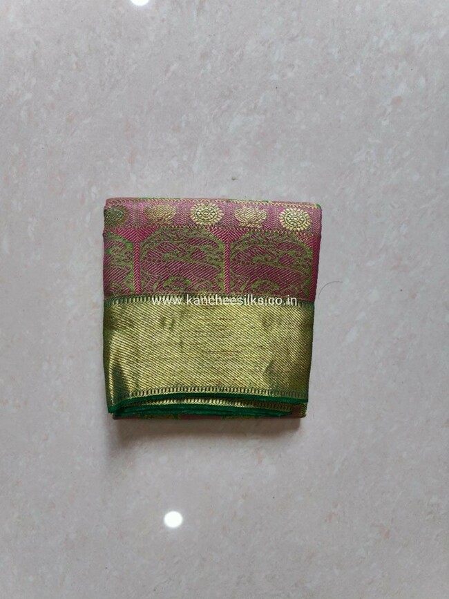 pure kanchipattu (0-2 years ) green and pink checks tissue  lehenga with green tissue  blouse