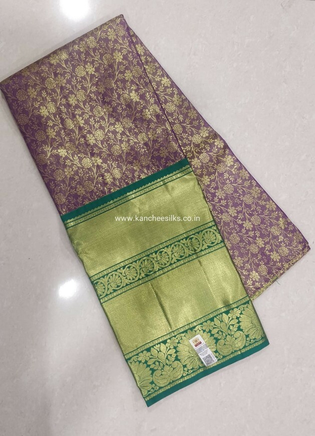 pure kanchipattu  free size purple tissue lehenga with green tissue  blouse
