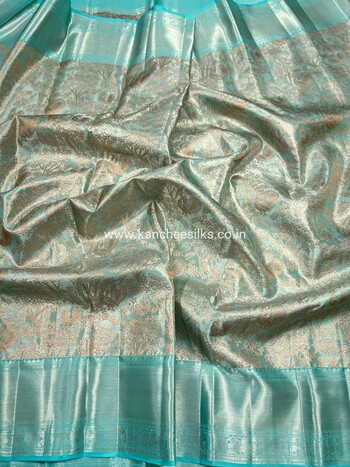 pure kanchipattu blue tissue gold zari  brocade saree with blue tissue silver zari blouse