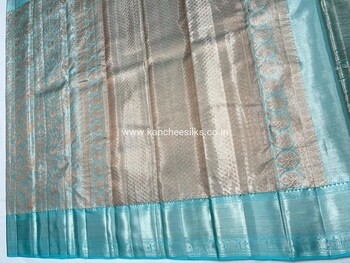 pure kanchipattu blue tissue gold zari  brocade saree with blue tissue silver zari blouse