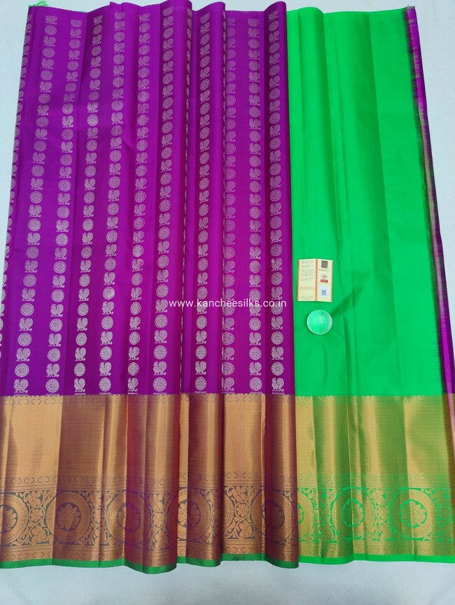 pure kanchipattu free size purple lehenga with green  blouse-9966663456