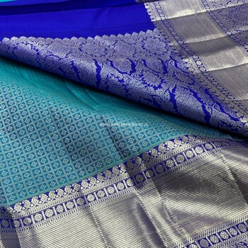 pure kanjeevaram blue silver  zari checks brocade saree with dark blue blouse