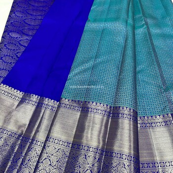pure kanjeevaram blue silver  zari checks brocade saree with dark blue blouse