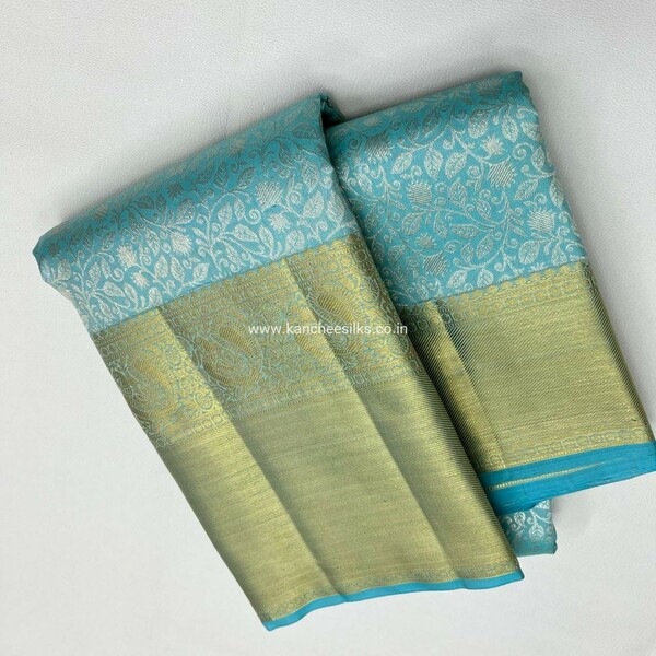 pure kanjeevaram blue gold zari brocade saree with blue  blouse
